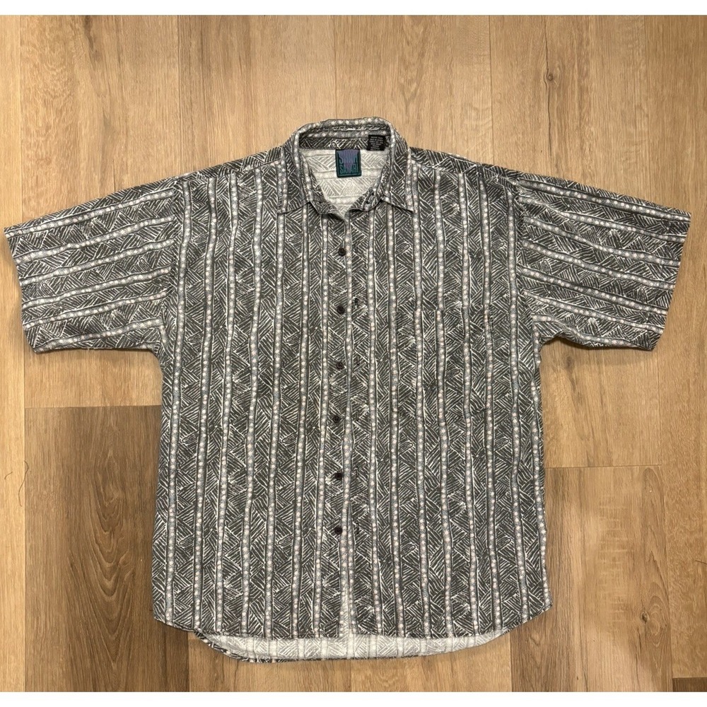 VINTAGE Shah Safari Shirt Mens Large Blue Purple Paisley Abstract All Over Print